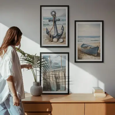 Three-piece beach-themed wall art set featuring anchor and boat oars