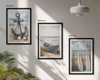 Three-piece wall art piece Anchor boat oars beach