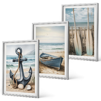 Three-piece wall art piece Anchor boat oars beach