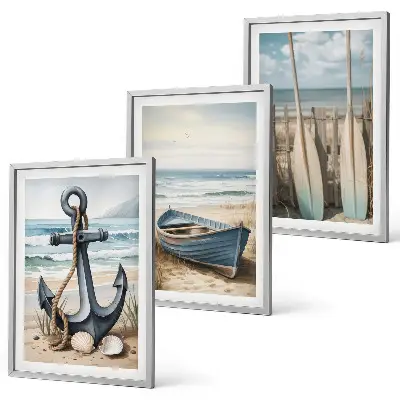 Three-piece beach-themed wall art set featuring anchor and boat oars