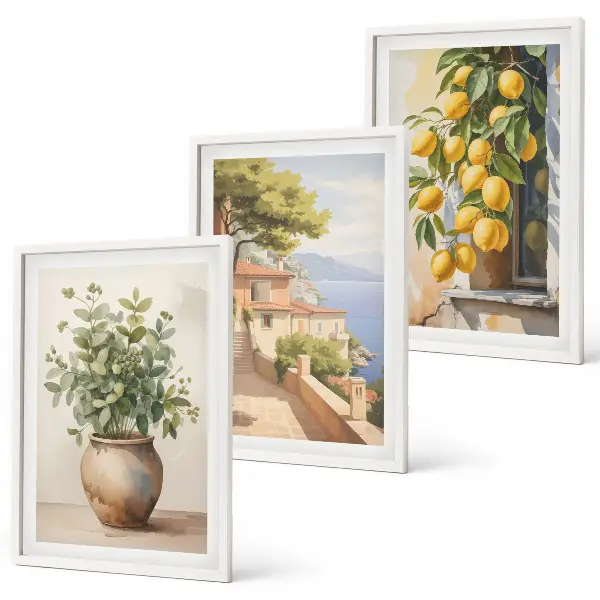Wall art set featuring flowers in a vase and a sea of lemons