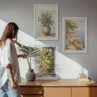 Wall art set featuring flowers in a vase and a sea of lemons