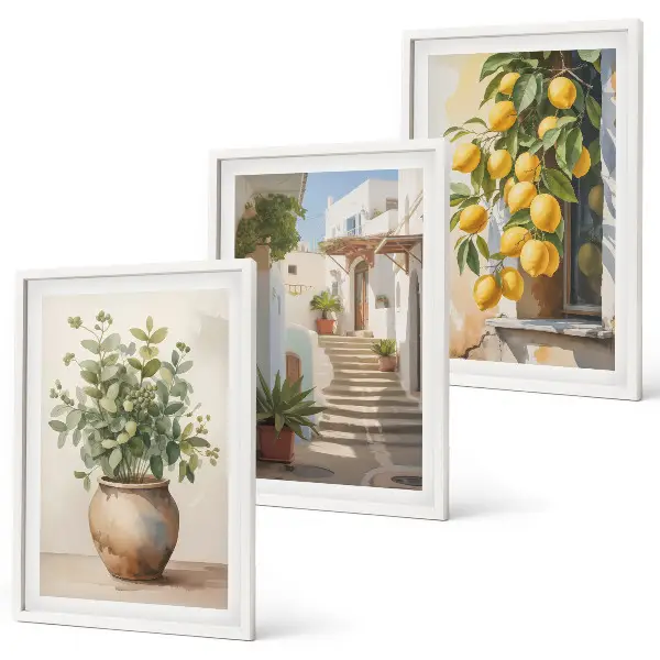 Set of 3 framed wall art pieces featuring potted plants, lemons, and a street scene