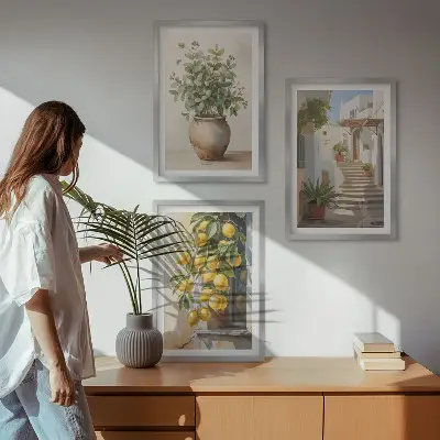 Set of 3 framed wall art pieces featuring potted plants, lemons, and a street scene