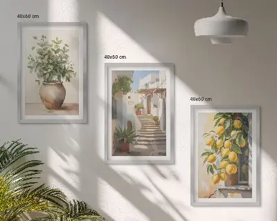 Set of 3 framed wall art pieces featuring potted plants, lemons, and a street scene