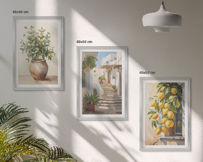 Set of 3 framed wall art pieces Plants in pots, lemons, street