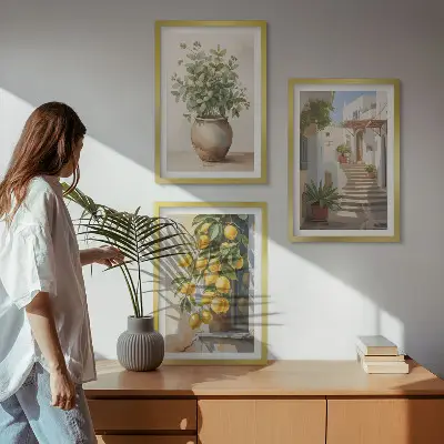 Set of 3 framed wall art pieces featuring potted plants, lemons, and a street scene