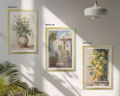 Set of 3 framed wall art pieces featuring potted plants, lemons, and a street scene