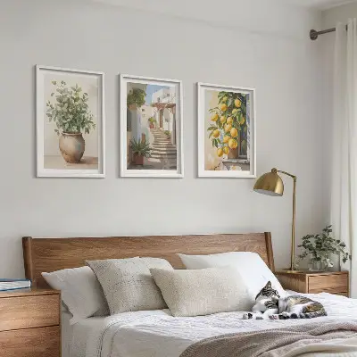 Set of 3 framed wall art pieces featuring potted plants, lemons, and a street scene