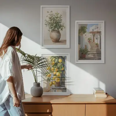 Set of 3 framed wall art pieces featuring potted plants, lemons, and a street scene
