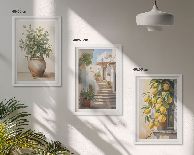 Set of 3 framed wall art pieces Plants in pots, lemons, street