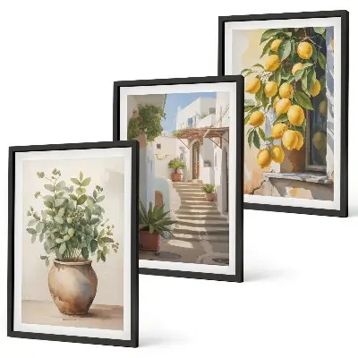 Set of 3 framed wall art pieces featuring potted plants, lemons, and a street scene