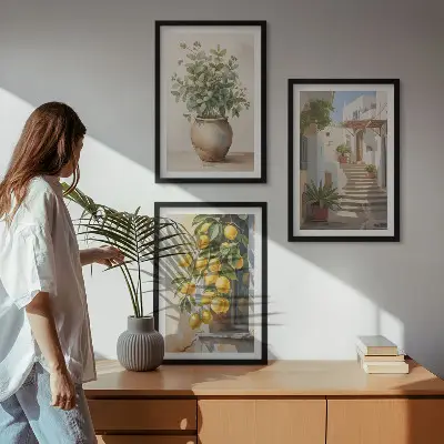 Set of 3 framed wall art pieces featuring potted plants, lemons, and a street scene