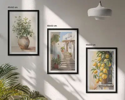Set of 3 framed wall art pieces featuring potted plants, lemons, and a street scene