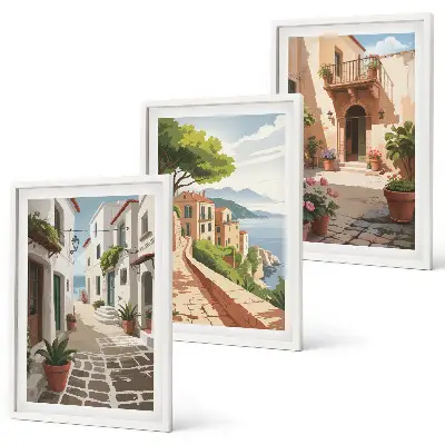 Wall art set featuring streets, houses, plants, and pots