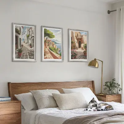 Wall art set featuring streets, houses, plants, and pots