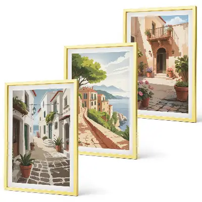 Wall art set featuring streets, houses, plants, and pots