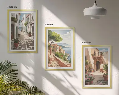 Wall art set featuring streets, houses, plants, and pots