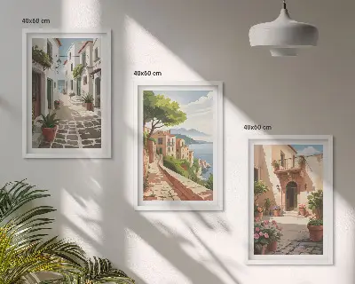 Wall art set featuring streets, houses, plants, and pots