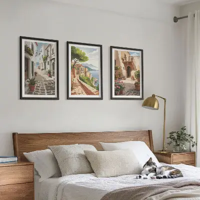 Wall art set featuring streets, houses, plants, and pots