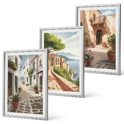 Wall art set featuring streets, houses, plants, and pots