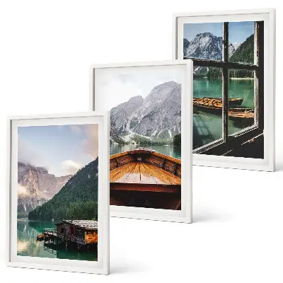 Three-piece wall art set featuring a mountain lake and cottages