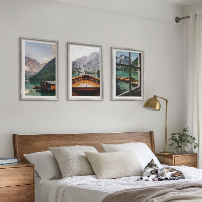 Three-piece wall art piece Mountain lake Łódź cottages