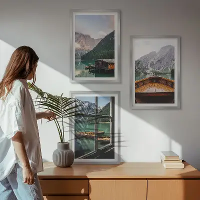 Three-piece wall art set featuring a mountain lake and cottages