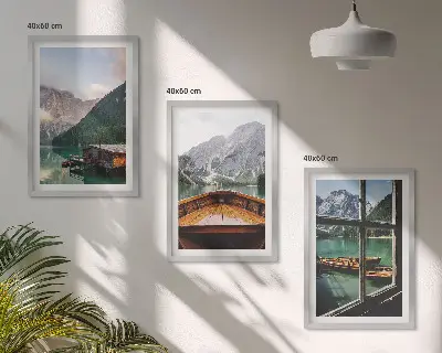 Three-piece wall art set featuring a mountain lake and cottages