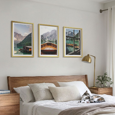 Three-piece wall art piece Mountain lake Łódź cottages