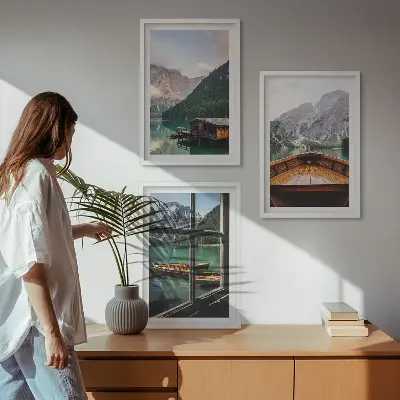 Three-piece wall art set featuring a mountain lake and cottages