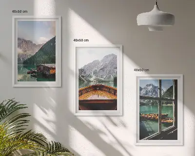 Three-piece wall art set featuring a mountain lake and cottages