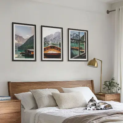 Three-piece wall art set featuring a mountain lake and cottages