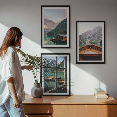 Three-piece wall art piece Mountain lake Łódź cottages