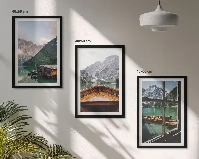Three-piece wall art set featuring a mountain lake and cottages