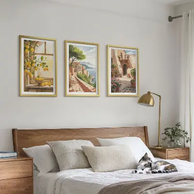 Set of 3 framed wall art pieces citrus fruits in a coastal kitchen theme
