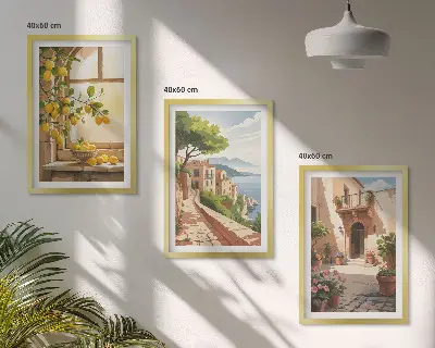 Set of 3 framed wall art pieces citrus fruits in a coastal kitchen theme