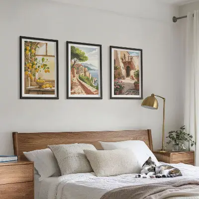 Set of 3 framed wall art pieces citrus fruits in a coastal kitchen theme