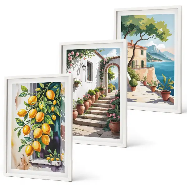 Three-piece wall art set featuring lemons, flowers, and sea views