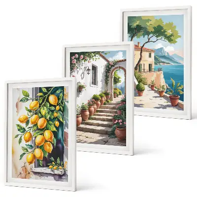 Three-piece wall art set featuring lemons, flowers, and sea views
