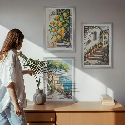 Three-piece wall art set featuring lemons, flowers, and sea views