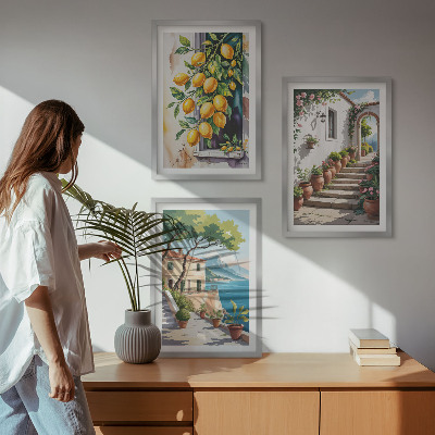 Three-piece wall art piece Lemons, flowers, sea views