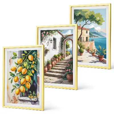 Three-piece wall art set featuring lemons, flowers, and sea views