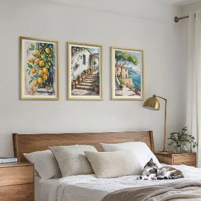 Three-piece wall art set featuring lemons, flowers, and sea views