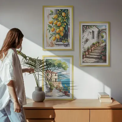 Three-piece wall art set featuring lemons, flowers, and sea views