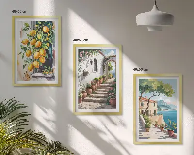 Three-piece wall art set featuring lemons, flowers, and sea views