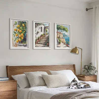 Three-piece wall art set featuring lemons, flowers, and sea views