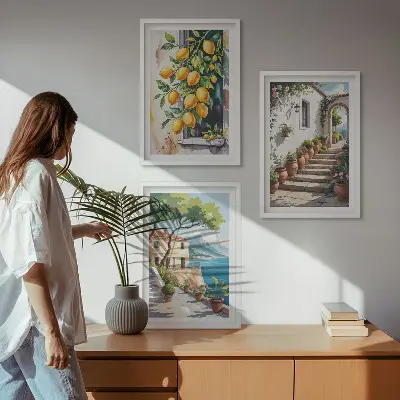 Three-piece wall art set featuring lemons, flowers, and sea views