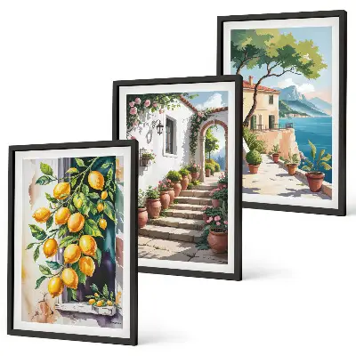 Three-piece wall art set featuring lemons, flowers, and sea views