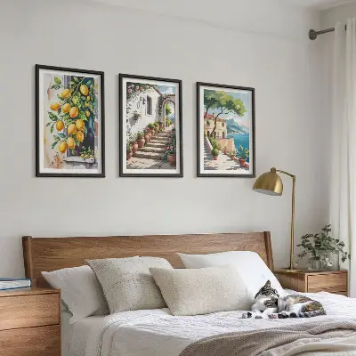 Three-piece wall art set featuring lemons, flowers, and sea views